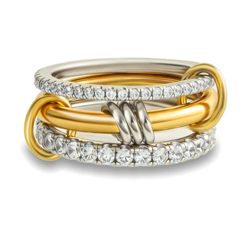 Stackable Rings for Women Non Tarnish,Dainty 18k Gold Plated CZ Cubic Zirconia Rings,Silver and Gold Rings Set,Multi-Link Connected Rings