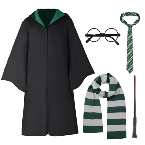 Unisex Wizard Robe, Cosplay Halloween Costume Set with Wand, Glasses,