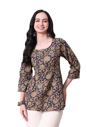 Image of MEERA FAB Women's Floral Printed Cotton Short Kurta | Floral Printed Kurta with Quarter Sleeves | Short Kurti for Women