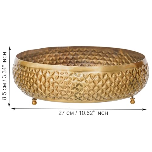 Image of eCraftIndia Floral Designer Golden Brass Urli Bowl for Home Decoration Office Tv Unit Kitchen Showpiece for Good Luck | Urli for Living Room Diwali Gift