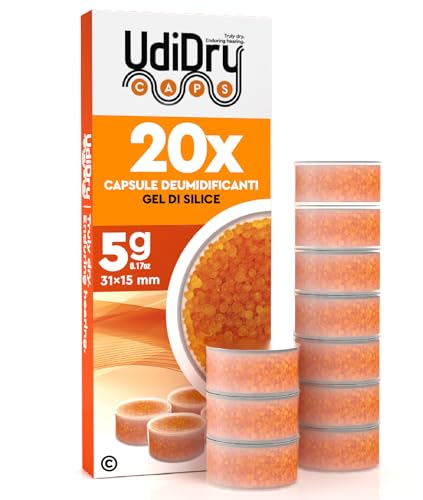 20 Capsule Deumidificanti per Apparecchi Acustici UdiDry Caps 5g 31mm Anti Umidità con Indicatore di Colore - Capsule Essiccanti Assorbi Umidità con Gel di Silice di Alta Qualità per Asciugatura