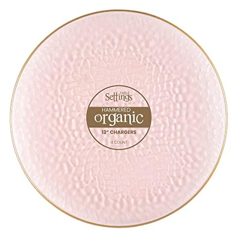 [Pink Hammered With Gold Rim 4 Pack] 13'' Charger Plates Pink Hammered With Gold Rim Plastic Heavy Duty Disposable Dinner Chargers Serveware Dishes Platters Tableware for parties, Weddings & More Cover
