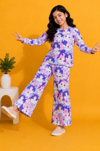 Image of TotzTouch Girls Printed Pyjama Set | Full Sleeve Top with Wide Leg Pyjama Pants | Stylish Cotton Co-Ord Nightwear Set for Kids