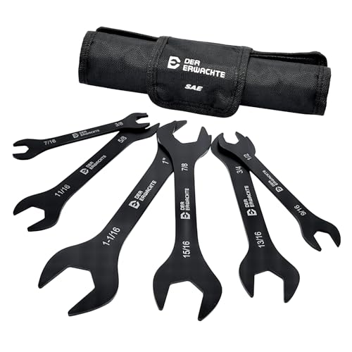 Image of Der Erwachte Super-Thin Open End Wrench Set, SAE, 6-Piece,3 /8 inch to 1-1 /16 inch, Black Electrophoretic Coating, with Rolling Pouch