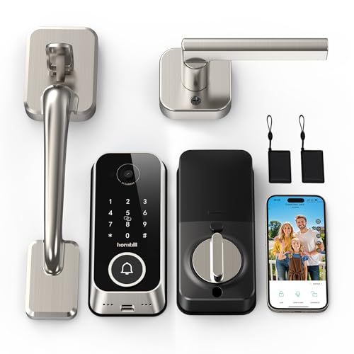 Smart Front Door Lock Sets: 2K HD Camera Lock with Doorbell Kits, Hornbill Fingerprint Keyless Entry Door Lock with Handles, WiFi Deadbolt(only 2.4G) for Remote Control, APP/Alexa/PIR,Satin Nickel