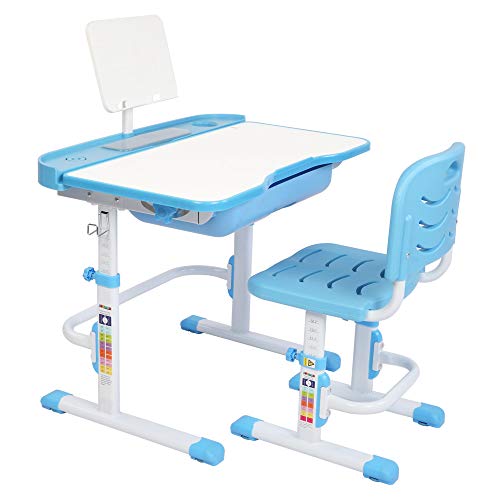 VALUE BOX Kids Desk and Chair Set, Height Adjustable Children Study Table and Chair Set with Tilting Desktop, School Students Workstation for Studying, Reading and Drawing (Blue)