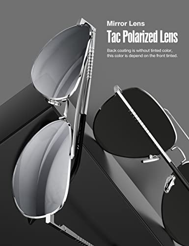 Luenx Women Men Aviator Sunglasses Polarized Mirror Silver Lens Metal Silver Frame With Case #TOP4