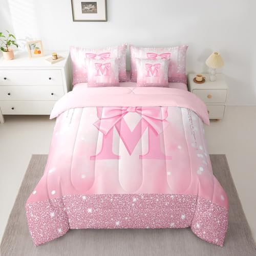 Image of Feelyou Boys Girls Pink Bowknot Bed in A Bag Queen Size, Personalized Initial M 7 Pieces Bedding Set Princess Glitter Comforter Set with Sheets Kids Bow Alphabet Teens Bed Set Bedroom Decor 7Pcs