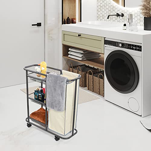 Doxbom Rolling Laundry Sorter Cart Gray Laundry Basket With Heavy Duty Wheels Movable Bathroom Slim Organizer Laundry Storage Baskets 3-Tier Storage Shelves With 1 Bag For Clothes #TOP5