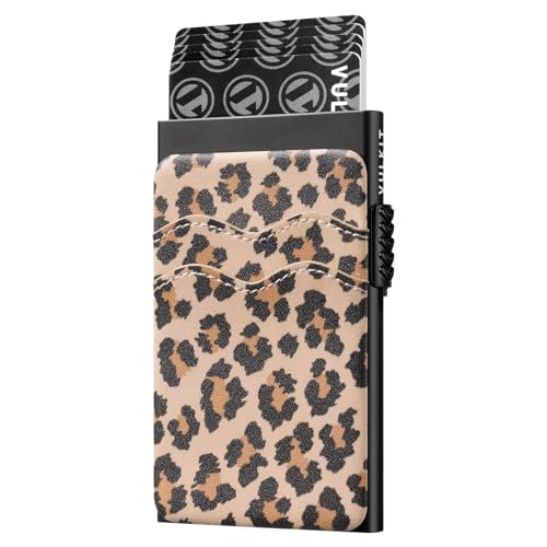 Image of VULKIT Credit Card Holder Minimalist Slim Pop Up Wallet with Leather Slots RFID Blocking for Men and Women Holds 7 Cards and Notes Leopard Chic
