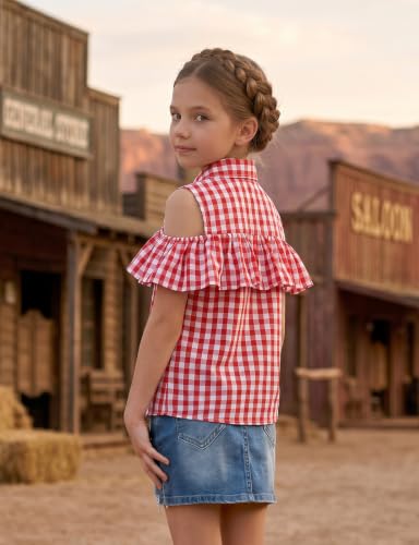 Image of Noomelfish Girls Ruffle Cold Shoulder Top Blouse Short Sleeve Button Down Shirts (4-12 Years)