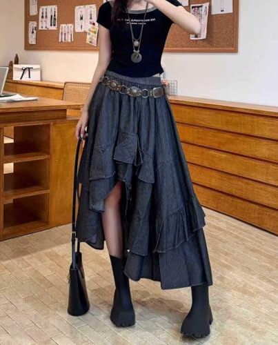 chouyatou Women's Y2K Irregular Ruffle Hem Denim Skirt Elastic Waist Split Thigh Midi Jean Tiered Skirt3