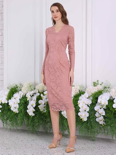 Image of Hobemty Women's Floral Lace Dress V Neck Long Sleeve Cocktail Wedding Bodycon Pencil Dresses