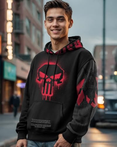 Image of Bewakoof X Marvel Punisher Men's Polycotton Oversized Fit Hoodies | Hoodie for Men Winter Wear