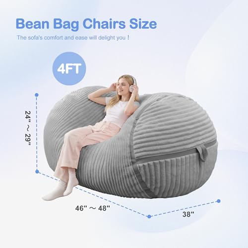 Image of 4FT Bean Bag Chair 4'Big Bean Bag Chairs with Adults, Large Beanbag Chair | Bean bag Lounger with Machine Washable Cover Corded Plush Fabric, Comfy Chairs for Living Room Bedroom Dorm, Lightgrey