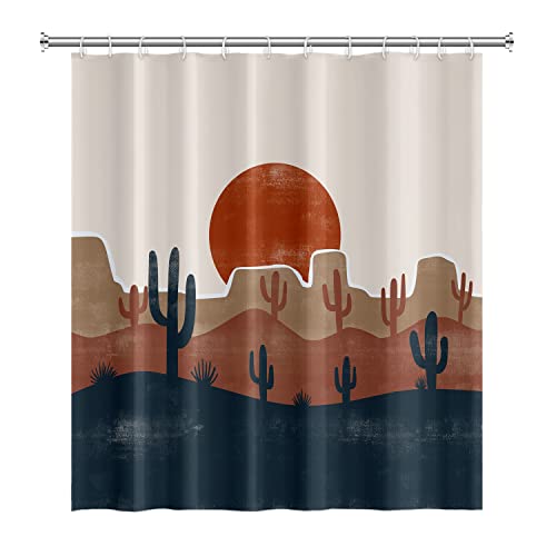 Umpoo Abstract Mid Century Bohemian Bathroom Shower Curtain Desert Cactus Red Sun Shower Curtain With Hooks Waterproof Fabric Polyester Shower Curtain Modern Aesthetics Home Decorative, 72X72 Inch #TOP3