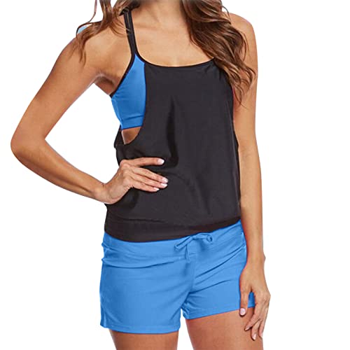 Tankini deux pièces pour femme bleu XXL avec short et débardeur patchwork