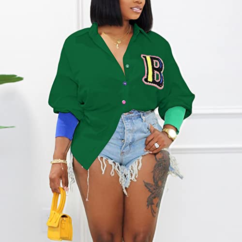 kaimimei Shirt Dress for Women Sexy-Color Block Letter Embroidery Button Down Long Sleeve Ribbed Cuff Club Blouse Mini Dress4