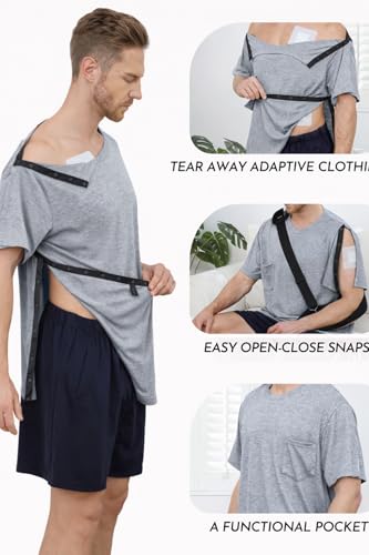 Image of Post Shoulder Surgery Shirts for Men Tear Away Recovery Short Sleeve Full Open Side Snap Chemo Adaptive Shirt