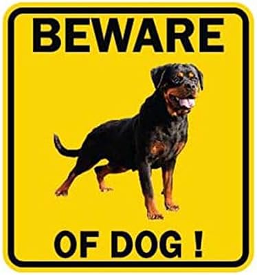 Letrero amarillo con texto en inglés "Beware of Dog" Rotweiler, símbolo de logotipo, imagen, advertencia, alerta de seguridad, seguridad para valla