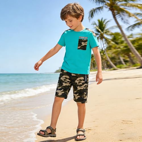 Image of LOLANTA Boy Summer Outfit Casual Clothes 2Pcs Cotton T-shirt Shorts Set | Kids Short Sleeve T-Shirt, Boy Camouflage Knee-length Shorts, Breathable Fashion Outfits, School Daily Matching Clothing Sets