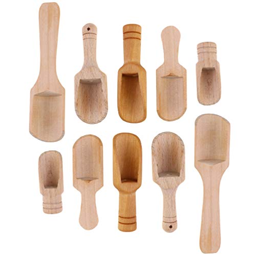 10Pcs Mini Wooden Spoon Mini Bath Salt Spoon Tea Scoop Wooden Candy Small Spice Spoons for Flour, Bath Salt, Sugar, Cereal, Coffee and More (5 Sizes)