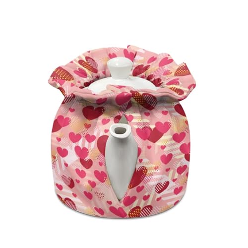 Image of Pink Heart Tea Cosy, Scratches-Proof Insulated Kitchen Teapot Dust Cover with Drawstring, Tea Pot Cozy Breakfast Warmer for Home Kitchen Table Decoration