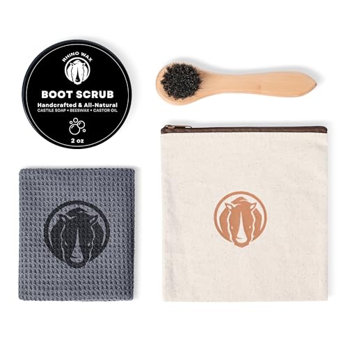 Rhino Wax - Boot Cleaner Scrub Kit - Deep Cleans Leather Boots with Powerful Scrubbing Formula - Kit Includes Boot-Scrub, Brush, and Microfiber Cloth - Removes Caked-on Dirt and Grime - Made in USA