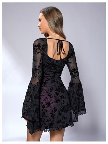 Image of WDIRARA Women's Floral Jacquard Mesh Gothic Dress Bell Long Sleeve A Line Vintage Dresses