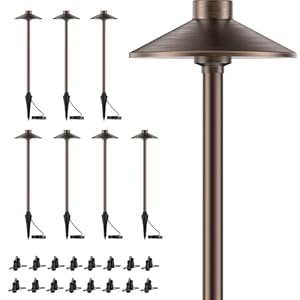 ZONEGRACE 8 Pack Solid Brass Low Voltage Pathway Lights,Outdoor Wired LED Landscape Path Lights,AC/DC 12V Bronze Pathway Lighting for Walkway Garden Yard,UL Listed Cord,Without Replacement Bulbs