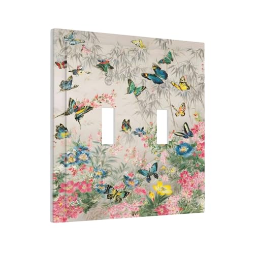 Decorative Switch Covers Plate Boho Wildflowers Butterfly Rustic Blue Pink Flowers 2 Gang Wall Plate Oversized Double Toggle Light Switch Plate Wall Cover Plate Faceplate for Home Decor