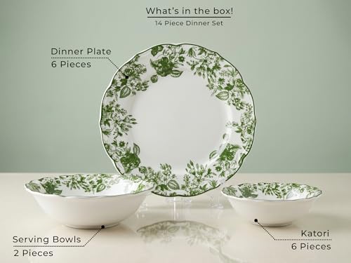 Image of Bodhi House Porcelain Dinner Set 14 Pieces - Green Leaf | White Dinnerware Set 6 Dinner Plates, 6 Katori Bowls, 2 Serving Bowls | Premium Crockery Set for Dining, Kitchen & Gifting