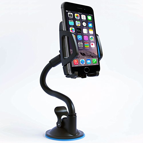 Universal Long Arm Car Mount Phone Holder With 360 Rotation, Adjustable & Flexible Neck And Secure Strong Adhesive Suction Cup For Windshield Stand. Blue Cellphone Cradle For Smartphone Mobile Device