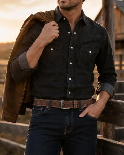 Image of CHAOREN Mens Belts Casual for Jeans - Full-Grain Leather, Durable Cowhide | Solid Buckle, Classic Style, Handmade, Daily Wear, Gift Box