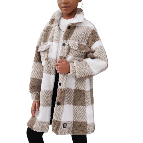 Girls Plaid Coats Kids Jacket Button Long Sleeve Fall Winter Coat Lapel Outerwear Plush Fleece Jackets for 8-12 Years