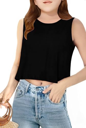 CharmWM Girls Summer Sleeveless Tank Tops Loose Fit Basic Shirts Cute Crew Neck Blouse Black
