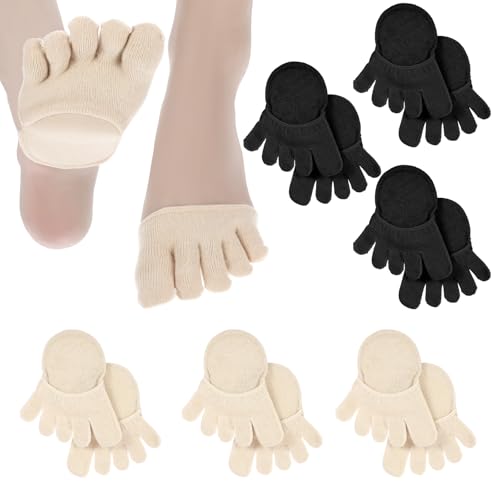 6 Pairs Toe Topper Socks Women, Invisible Toe Socks for Women, Non-Slip Five Toes Forefoot Pads, Half Sock for Heels to Relief Pain (Black and Light Khaki)