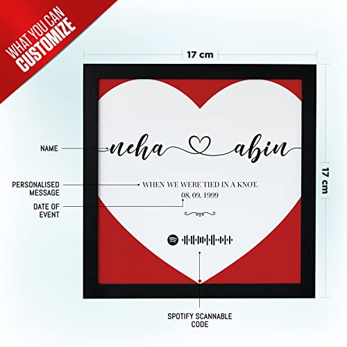 Image of Ritwika's Personalized Spotify Song Barcode With Name Message Date Heart Digital Print Engineered Wooden Tabletop Frame For Desk 17 X 17 CM Red & White Set Of 1