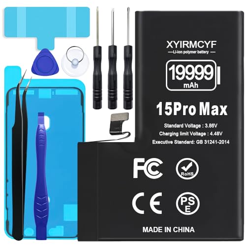 XYIRMCYF 19999mAh Super Capacity Battery Compatible with iPhone 15 Pro Max 0 Cycle Li-Polymer Replacement Battery for iPhone 15 Pro Max with Professional Repair Tool Kit