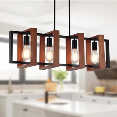 SOGOTING 32" Farmhouse Kitchen Island Lighting Adjustable Dining Room Light Fixtures, 4-Light Rustic Wood and Black Metal Rectangular Chandelier Modern Pendant Lighting for Kitchen Island, Cafe