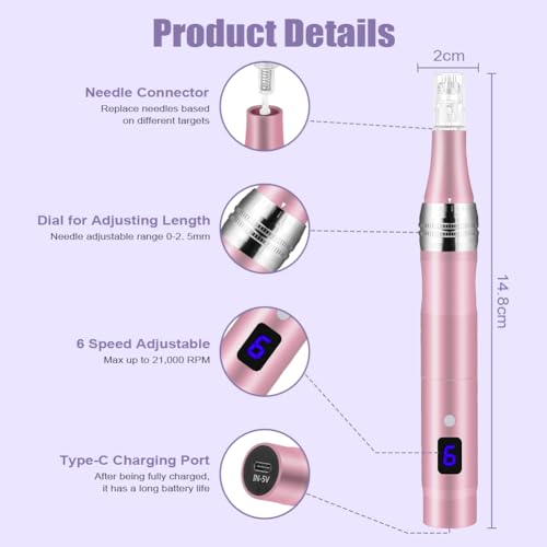 Vicloon Elektrisch Microneedling Pen, Drahtloser Elektrischer Dermapen Mikroneedling mit LCD Bildschirm und 5 Stufen, Einstellbar 0-2,5mm, Microneedle Haut Reparatur Tool (inkl.12 Nadelköpfe)-Rosa