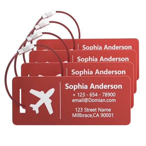 4 Personalized Metal Luggage Tags, Laser Engrave Name and Logo, Custom Aluminum Suitcase Tags with Steel Ring, for Travel, Backpack, Baggage (Red)