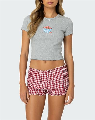 Image of Yuemengxuan Women Y2k Ruffle Shorts Ruched Plaid Shorts Micro Shorts Pajama Bottoms Y2k Cute Fairy Lace Edge Pettipants