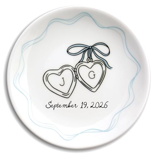 Personalized Ceramic Ring Dish with Heart Locket, Engagement or Wedding Gift for Couple, Bride and Groom Jewelry Holder with Initials and Date, 4