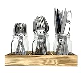 Mason Jar Glass Utensil Holder Flatware Caddy Silverware Organizer for Spoons, Knives and Forks with Rustic Wood Tray for Farmhouse Kitchen Decor and Countertop