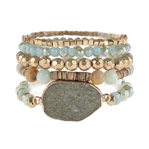 Bohemian Multi Layer Beaded Strand Stack Bracelets - Sparkly Crystal, Natural Stone Pendant, Rhinestone Bead Statement Stretch Adjustable Bangle Set (Oval Natural Stone & Crystal - Amazonite) #TOP20