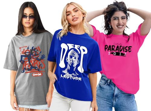Image of LEOTUDE Women Cottonblend Oversized Baggy Fit Half Sleeve Round Neck Multicolor Combo T-Shirt for Women & Girls (Pack of 3)