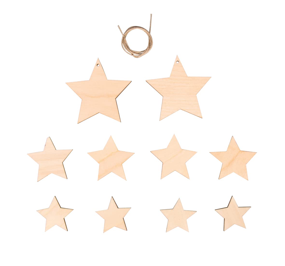 Rayher Wood decorStars,FSC Mix Cred, sort, natural, 3.5-5.7cmø, cord 0.5m, tab-bag 10 pieces, 46623505, 3,5-7,5 cm ø