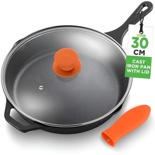 NutriChef Cast Iron Skillet Pan w/ Lid, Pre Seasoned Cast Iron Pan, Cast Iron Frying Pans Nonstick, Oven Safe Cookware w/ Silicone Handle, Drip Spout, Indoor/Outdoor Use, For Induction & All Cooktops
