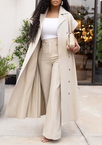 Ecirod Womens Business Casual 2 Piece Outfits Short Sleeve Pleated Long Trench Coat High Waisted Wide Leg Pants Sets2